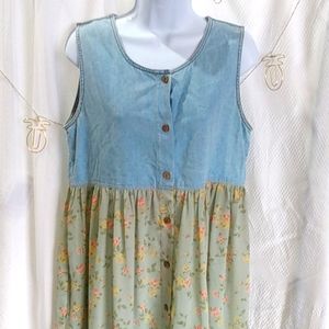 VINTAGE 90's Denim Dress w/ Floral Chiffon